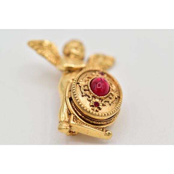 Vatican Library Vintage Angel Cherub Locket Pin Brooch Red Cabochon Signed BinBI - Picture 5 of 12